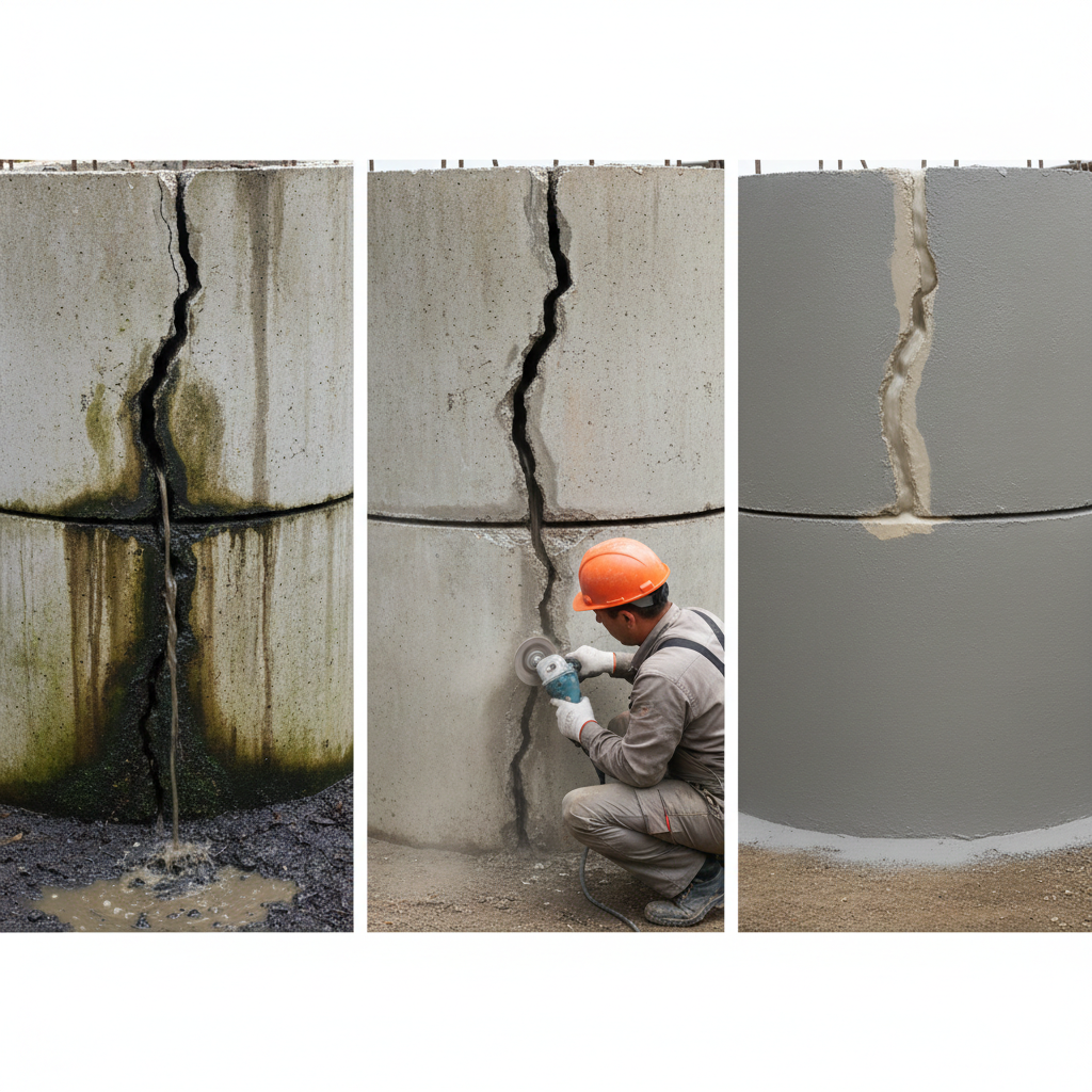 Как заделать трещины в бетонных кольцевых колодцах: причины поломки и решения